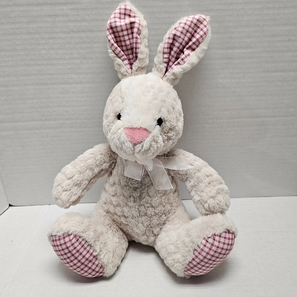 Gitzy Plush Gingham Stuffed Animal Cream Bunny Rabbit with Bow Toy Decor - Picture 1 of 14